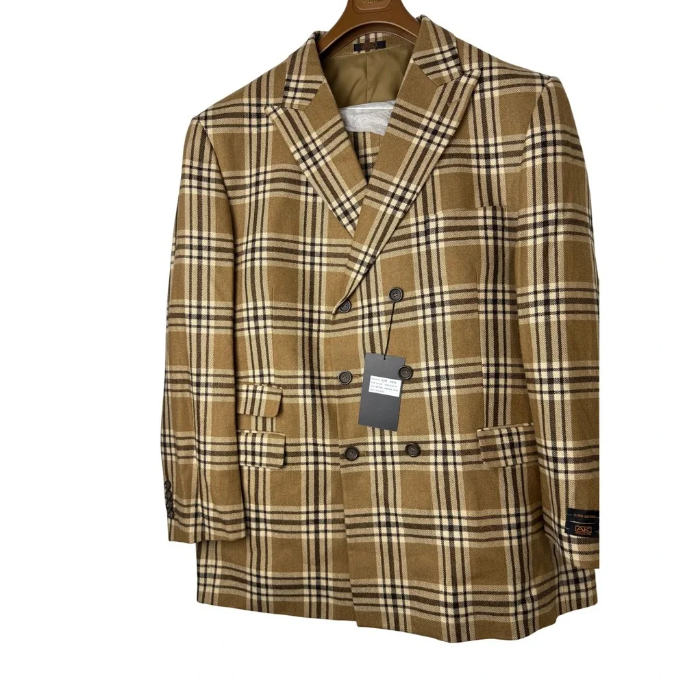 Apollo King Brown Windowpane Plaid 3-Piece Suit Super 150s Wool 52R 46W DH-632